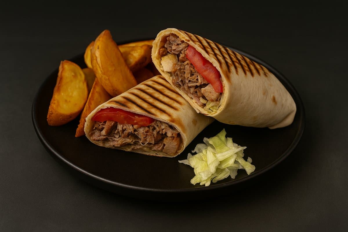 Soft taco cu pulled pork și cartofi wedges